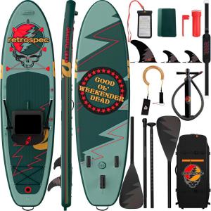 image:imageRetrospec Weekender Plus 10 Inflatable Stand Up Paddleboard Double Layer PVC iSUP Bundle wCarrying case 3 Piece Adjustable Aluminum Paddle 3 Removable fins Pump and Cell Phone caseGrateful Dead