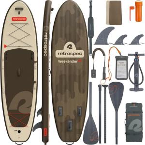 image:imageRetrospec Weekender Plus 10 Inflatable Stand Up Paddleboard Double Layer PVC iSUP Bundle wCarrying case 3 Piece Adjustable Aluminum Paddle 3 Removable fins Pump and Cell Phone caseBonsai Camo