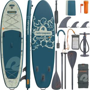 image:imageRetrospec Weekender Plus 10 Inflatable Stand Up Paddleboard Double Layer PVC iSUP Bundle wCarrying case 3 Piece Adjustable Aluminum Paddle 3 Removable fins Pump and Cell Phone caseRiver Ripple