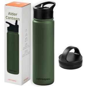 image:imageRetrospec Alder Insulated Water Bottle with Straw Lid amp Handle Cap  Stainless Steel Wide Mouth DoubleWall Vacuum Insulated Thermos  BPA Free Leakproof CanteenOlive Drab